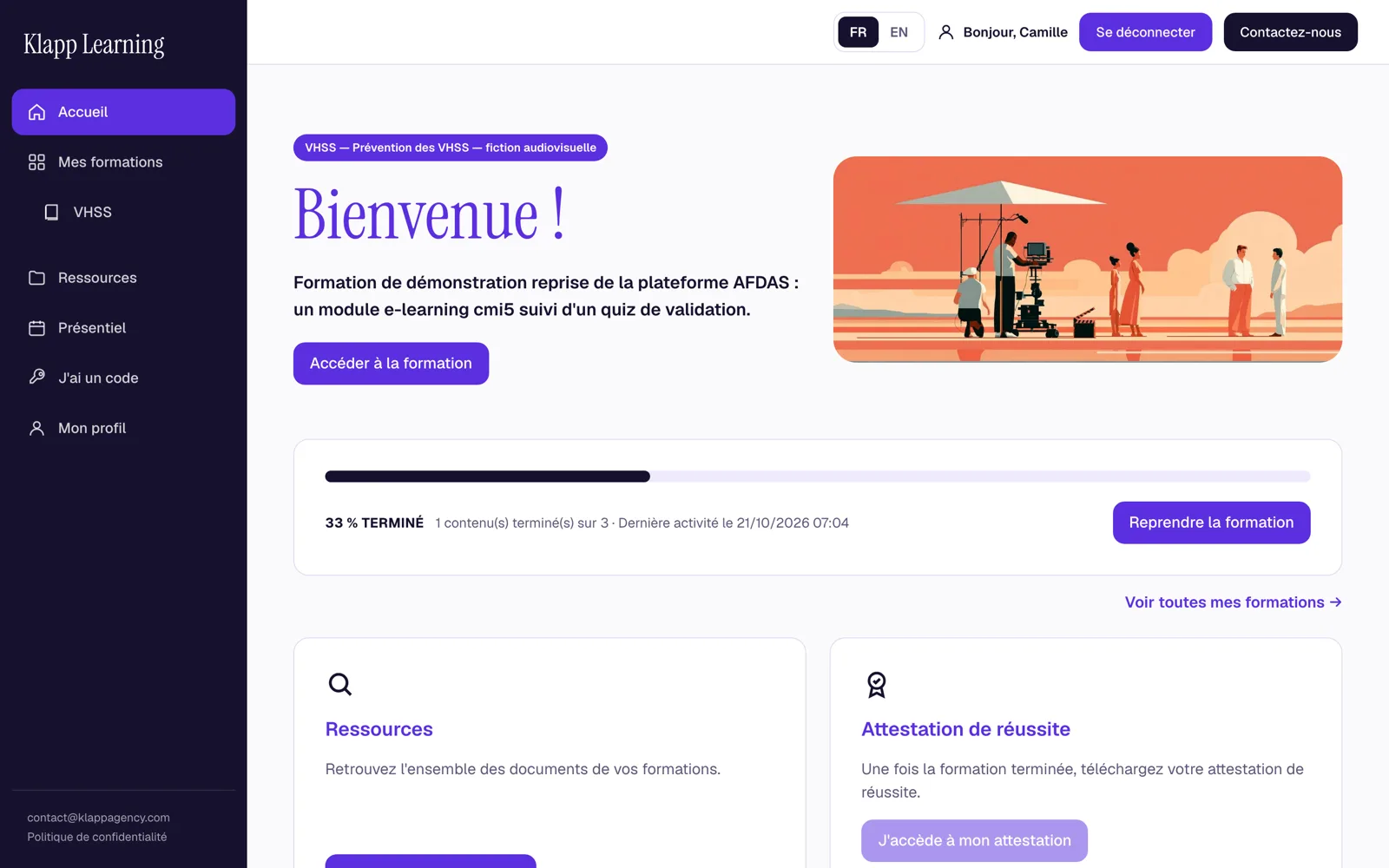 Tableau de bord d'un apprenant : bienvenue, formation en cours, progression et accès aux ressources